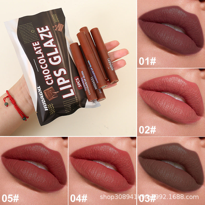 Velvet Kiss Chocolate Lip Glaze Set – 5 Luxury Shades