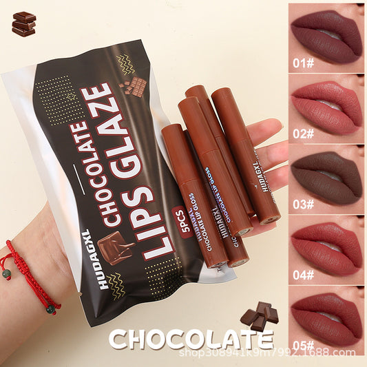 Velvet Kiss Chocolate Lip Glaze Set – 5 Luxury Shades